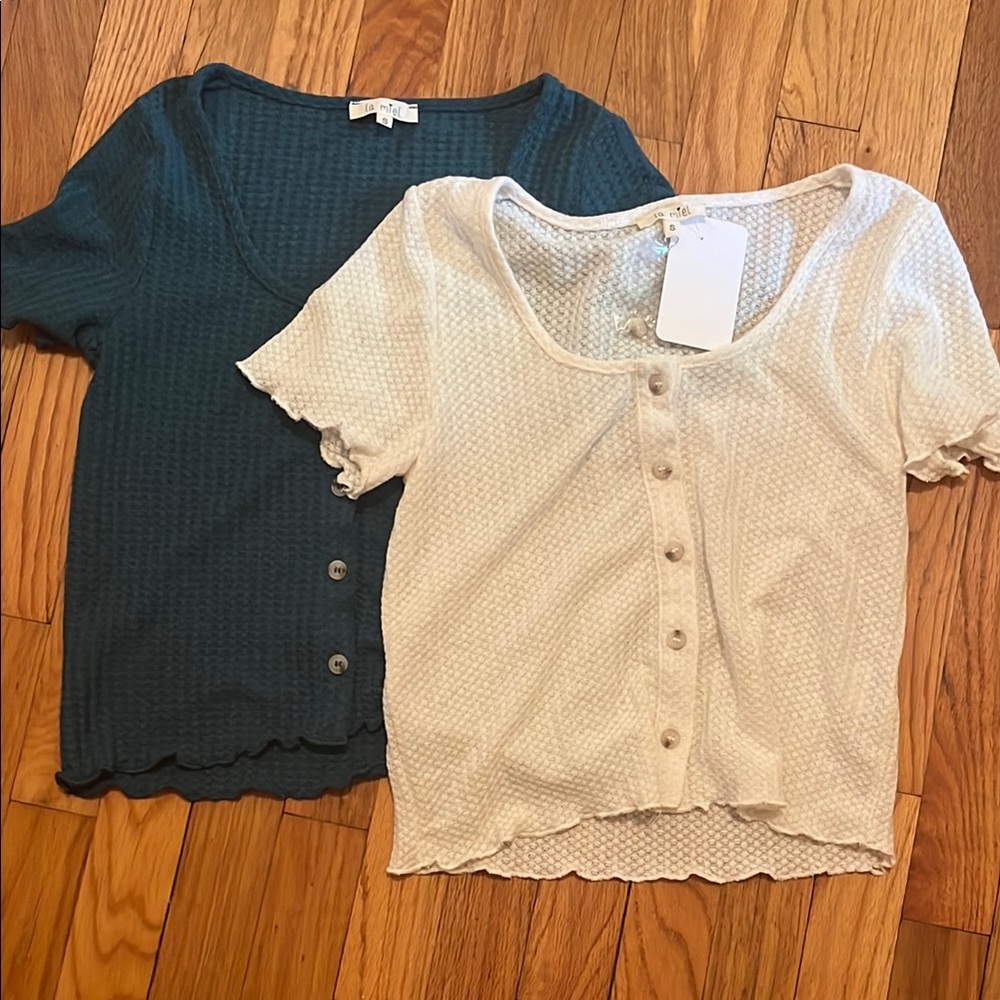 Teal and White Button-Up Tops